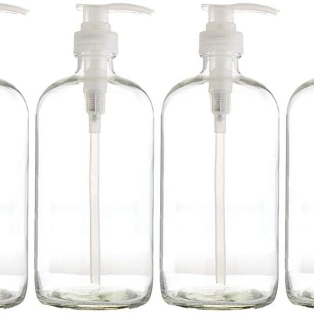 32 Ounce Large Clear Glass Boston Round Bottles with Natural Color Pumps. Great for Lotions, Soaps, Oils, Sauces and DIY Laundry Detergent - Food Safe and Medical Grade - by kitchentoolz (Pack of 4)