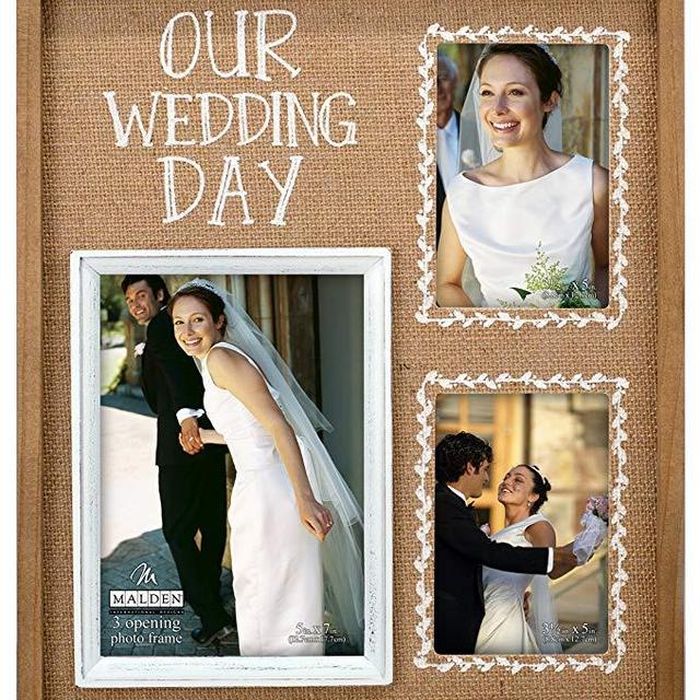 Malden International Designs Burlap Wall Sentiments Silkscreened "Our Wedding Day" Picture Frame, 3 Option, 2-4x6 & 1-5x7, Tan