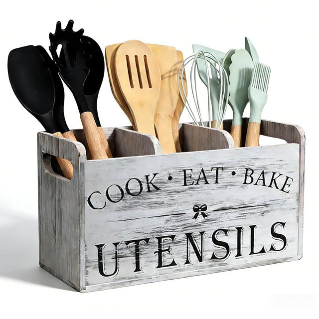 VANEME Utensil Holder,Wooden Utensil Holder for Kitchen Counter, Cooking Utensil Organizer with 3 Compartments,Utensil Crock for Silverware Spoon Spatula