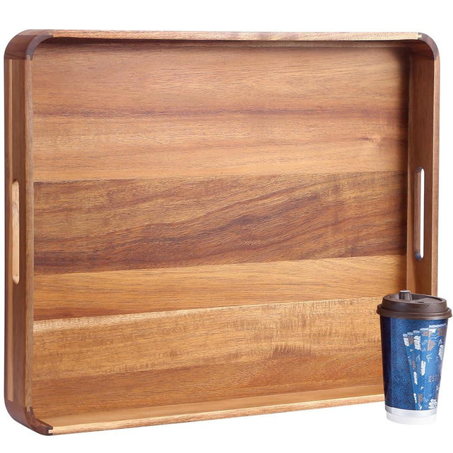 Decent Vrvege Large Wooden Ottoman Tray, Great 22"x18" Rectangle Trays for Big Ottoman Counter, Huge Kitchen Wood Serving Tray Round Corner, Living Room Coffee Table Decor Centerpiece Organizer Trays
