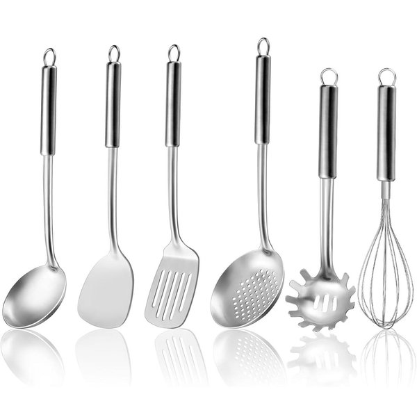 6-Piece Kitchen Cooking Utensils Set, Stainless Steel Kitchen Utensils with Suspendable Handle, Spatula, Slotted Turner, Soup Ladle, Slotted Spoon, Whisk, Pasta Server, Dishwasher Safe