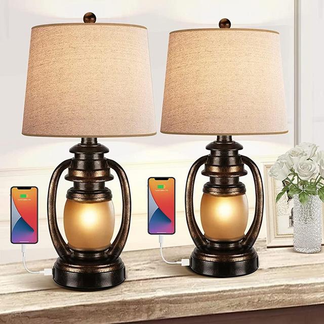 Farmhouse Bedside Table Lamps for Living Room Set of 2 Oatmeal Tapered Drum Shade Rustic Bedroom Nightstand Lamps with 2 USB Port and Outlet