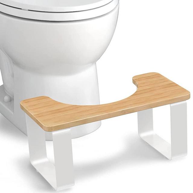 WOWOO 7" Wooden with Metal Squatting Toilet Stool, Bathroom Poop Stool for Adults, Potty Stool Anti-Slip Brown and White