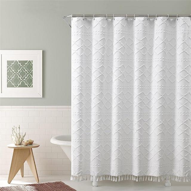 Boho White Woven Fabric Shower Curtain with Tassel 72 x 72 Modern Farmhouse Minimalist, Tufted Chevron Striped Shabby Chic Textured, Water Resistant Cloth Curtain for Bathroom, Hotel Decor