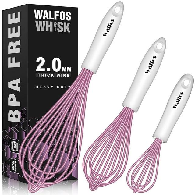 Walfos Whisk, Silicone Whisks for Cooking & Baking Non Scratch Rubber Coated Pink Whisk for Non-stick Wisk, Balloon Egg Whisk Perfect for Frothing, Blending, Beating (3pack Pink)
