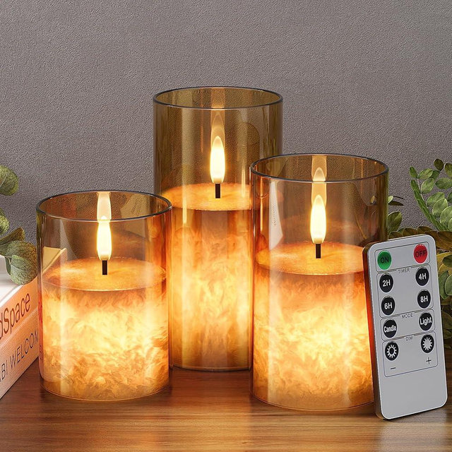VIODAIM Crystal Texture Design Flickering Flameless Candles with Remote & Timer, Real Wax Battery Operated Candles with Flickering Flame, Realistic Battery Candles, Gold Glass - 3Pack [3"×4"/5"/6"]
