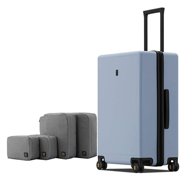 LEVEL8 Elegance Checked Luggage, 24 Inch Hardside Suitcase, Lightweight PC Matte Hardshell with TSA Lock, Spinner Wheels - Light Blue
