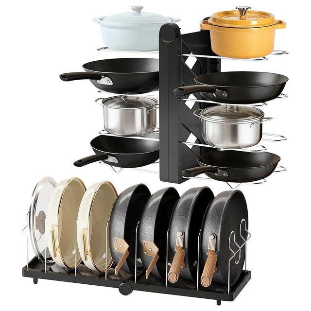 CEHNCEH Pots and Pans Organizer under Cabinet for Cabinet and Countertop Longest 28.5 in Foldable Adjustable 8-Tier Pan Organizer Rack Perfect to Store Pots, Kitchen Cabinet Organizer (Black)