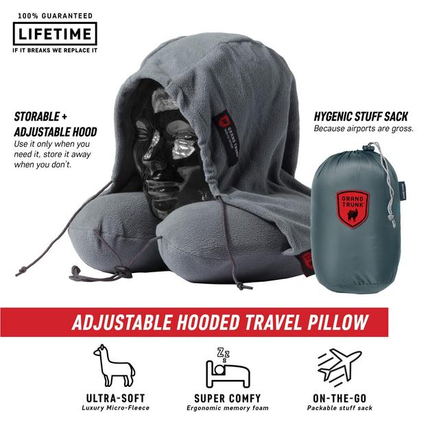 GRAND TRUNK | Hooded Travel Pillow | High-Grade Memory Foam | 360 Neck and Head Support | Carry Bag Included | Storage Pocket | Perfect for Airplane or Car Sleeping