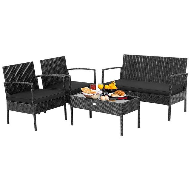 Tangkula 4 Piece Patio Rattan Conversation Set, Outdoor Wicker Furniture Set W/Glass Coffee Table, Solid Steel Structure, Ergonomic Seat, Suitable for Garden, Courtyard, Balcony, Poolside