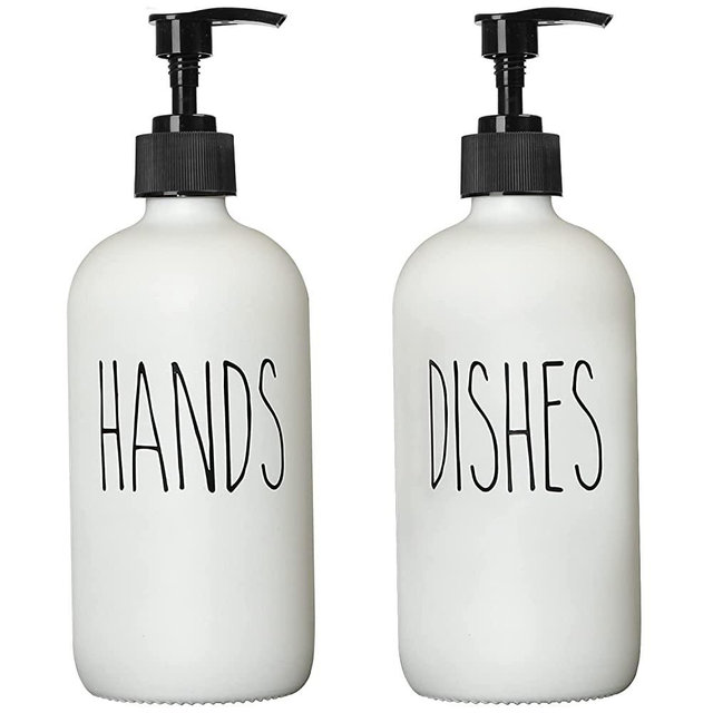MOMEEMO Soap Dispenser Set 2 Pack, Contains Dish Soap Dispenser and Hand Soap Dispenser. 16 Oz Glass Soap Dispenser with Black Plastic Pumps. (White)
