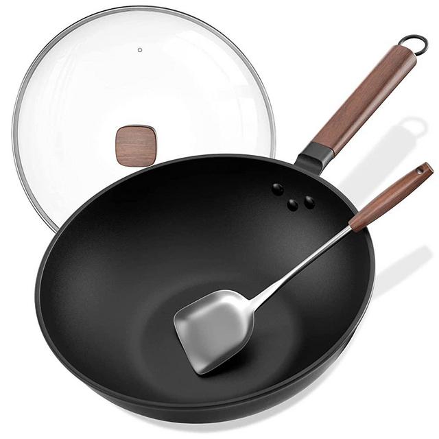 Wok Pan with Lid, Eleulife 13 Inch Carbon Steel Wok with Spatula, Nonstick Woks and Stir-fry Pans, No Chemical Coated Flat Bottom Chinese Wok for Induction, Electric, Gas Stove, All Stoves