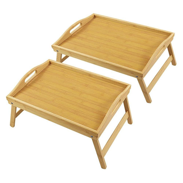 WKWKER Bamboo Bed Tray Table with Folding Legs Set of 2 Foldable Serving Tray Portable Laptop Tray Snack Tray Breakfast Tray Bed Table Drawing Table Breakfast Trays for Bed (Set of 2)