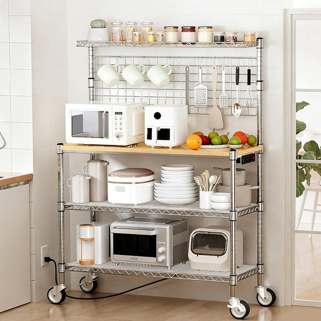 Leteuke Bakers Rack with Power Outlet & Storage, 36 Inch Microwave Stand Kitchen Cart, 4-Tier Metal Kitchen Shelves Cart with Wheels & 20 S-Hooks for Kitchen, NSF Certified, 63 x 18 x 36 Inch-Chrome