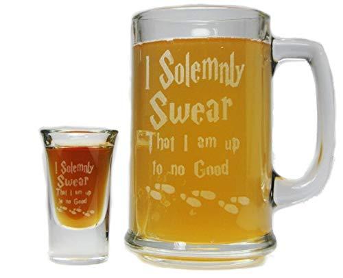 I Solemnly Swear That I Am Up To No Good Beer Mug and Shot Glass Boilermaker Gift Set - 15oz Engraved Beer Mug with 1 oz Shot Glass-Permanently Etched