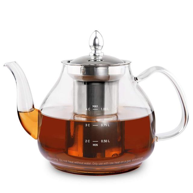 COSORI Glass Teapot Stovetop Safe Gooseneck Kettle with Removable Stainless Steel Infuser Scale Line for Blooming and Loose Leaf Tea Brewer, BPA Free Durable Borosilicate, 1000mL, Transparent