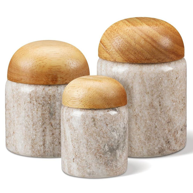 Suclain 3 Pcs Marble Salt Cellar with Wooden Lids Stone Salt Container & Spice Jars Canister Set for Flour, Sugar, Salt, Coffee, Tea, Cotton Swab Holder Storage