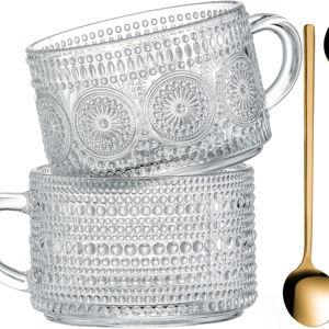 Gezzeny Vintage Glass Coffee Mugs 14 Oz Set of 2 Clear Embossed Tea Cups, Glass Coffee Cups for Cappuccino, Latte, Cereal, Yogurt, Beverage Christmas Thanksgiving Gifts