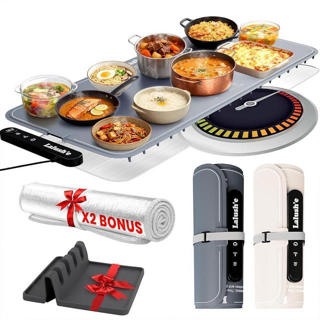 Lalush'e Electric Food Warming Mat, XXL 36x15 - Graphene Portable Food Warmer for Parties, Hosting & Buffet Serving Foldable Heating Tray with 7 Temp Settings, Spoon Rest and Travel Isolation Pad