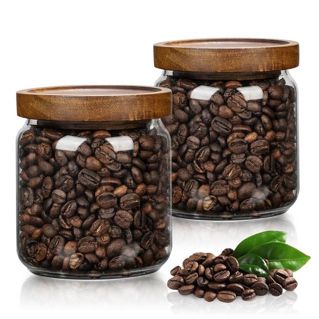 piconesper 2PCS Small Glass Storage Jars with Airtight Lids, 17 fl oz (500ml) coffee container with Wooden Lid, Glass Pantry Canister for Beans, Rice, Sugar and etc