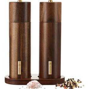 Wooden Salt and Pepper Grinder Set 8 Inch Manual Salt and Pepper Mill with Tray Adjustable Coarseness Refillable Wood Grinders with Gold Bottle Label for Kitchen(Wood Color)