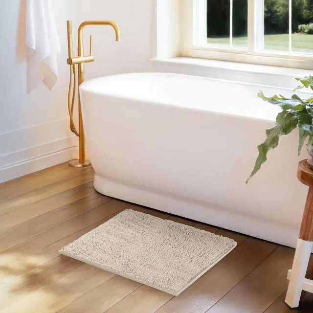Soft Absorbent Chenille Bath Mat Rug with Anti-Skid Rubber Backing - Becky Cameron, Ivory, 24 in x 17 in