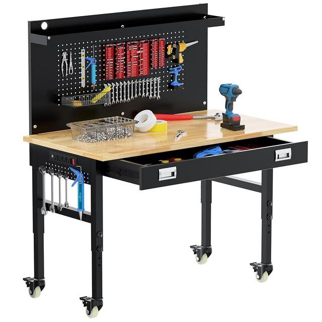 Betterhood 48" Heavy Duty Adjustable Workbench with Large Pegboard, Adjustable Work Table with Power Outlets & Lockable Wheels, Rubber Wood Workstation for Garage, Workshop, Office, Home, Commercial