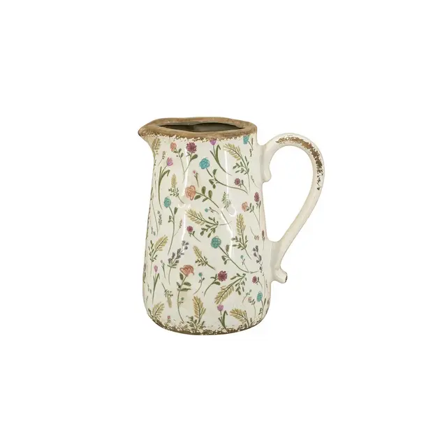 Gulches 8.1x5.7x9.1 Inch Round Ceramic Pitcher Vase with Multi-Colored Floral Motifs, Weathered White Rustic Vase, 2.7lbs