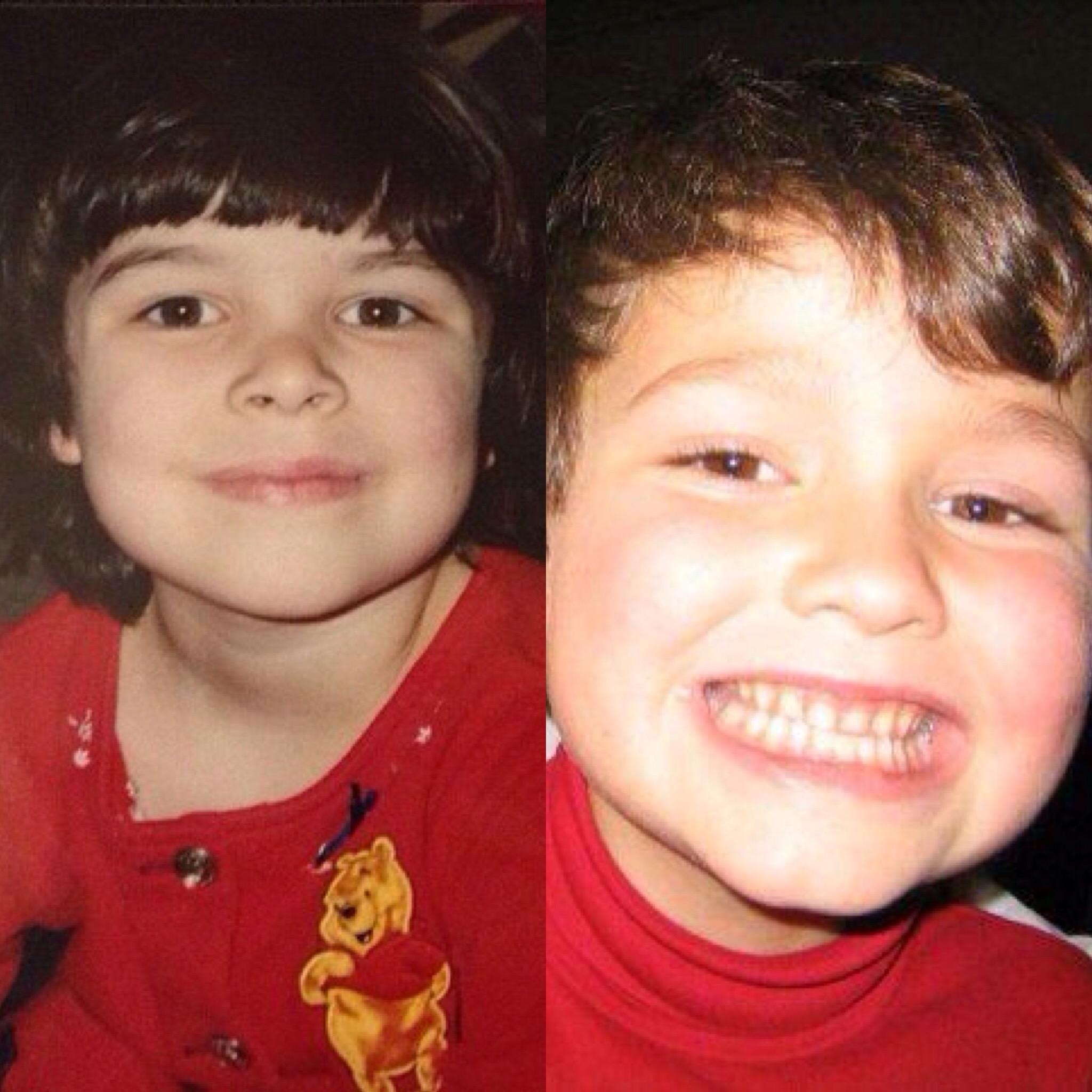 Side by side of us as kids.