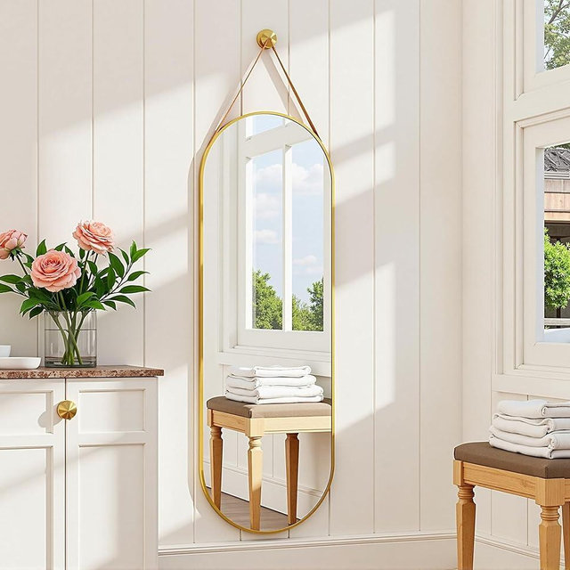 Dewfig 16"x48" Oval Full Length Mirror with Leather Strap Hanging Mirror with Aluminum Frame, Oval Gold Wall-Mounted Mirrors for Living Room Bedroom Entryway Décor, Gold