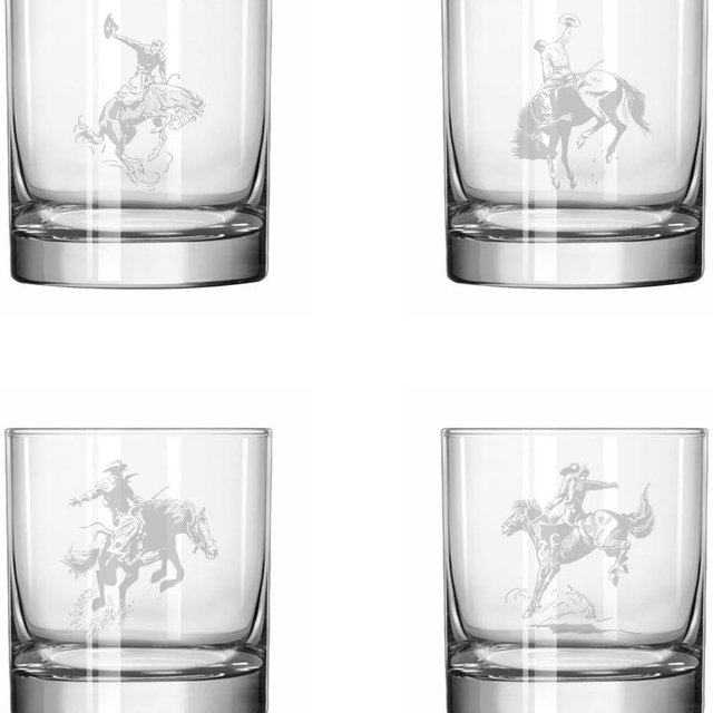 MIP Set of 4 Glass 11 oz Rocks Whiskey Glass Gift Bronco Buster Rodeo Western Cowboy Horses Collection