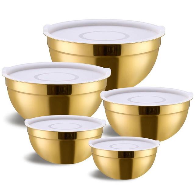 Moxinox Gold Mixing Bowls with Airtight Lids, Stainless Steel Nesting Mixing Bowls Set of 5, Ideal for Baking, Prepping and Serving Food, Size 5.5, 3.6, 2.7, 2.1, 1.5, QT, Stackable Design