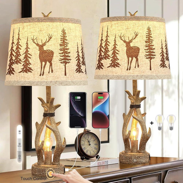 Dungoo Antler Rustic Table Lamp Set of 2 with USB & Type-C Port, Rustic Bedside Lamp with Touch Control 3-Way Dimmable Nightlight Antler Table Lamp for Bedroom Living Room Foyer Office, Brown