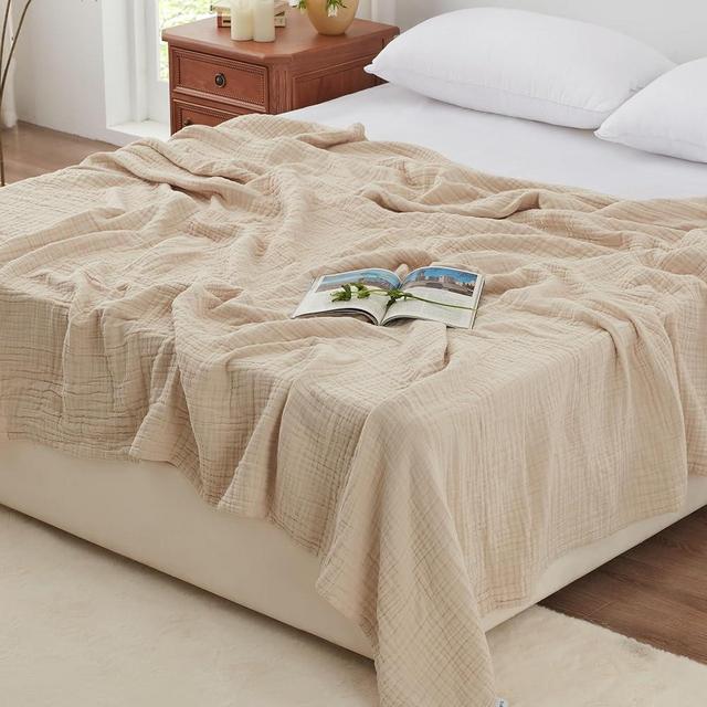 Love's Cabin 6 Layer 100% Cotton Muslin Blanket, 90"x90" Queen Size for Couch Bed, Apricot Cotton Gauze Blanket for Adult, Lightweight and Breathable