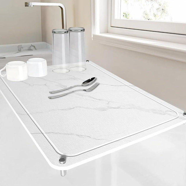 WASAY Large Dish drying stone for kitchen counter 22*16” Superb Absorbent stone mat for kitchen sink with NonSlip Stainless Steel Feet, Quick kitchen stone drying mat fits Various Dish Racks