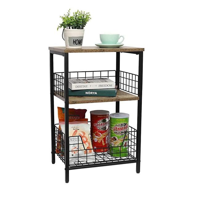 End Table,Industrial Retro Side Table Nightstand Storage Shelf for Living Room Bedroom Kitchen Family and Office,Stable Wood and Metal Frame(Rustic Brown&Black)