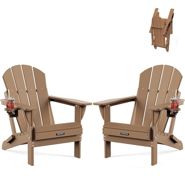 MUCHENGHY Folding Adirondack Chairs Set of 2, Patio Chairs, Lawn Chairs, Outdoor Chair, Adirondack Chair Plastic, Fire Pit Chairs, Weather Resistant with Cup Holder for Deck, Backyard, Garden(Teak)