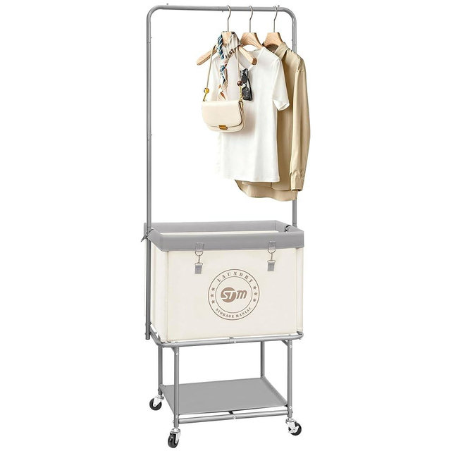 STORAGE MANIAC Rolling Laundry Cart with Hanging Bar & Storage Shelf, 110L Heavy Duty Large Laundry Basket with Clothes Hanging Rod, Study Clothes Hamper with Lockable Wheels, Beige