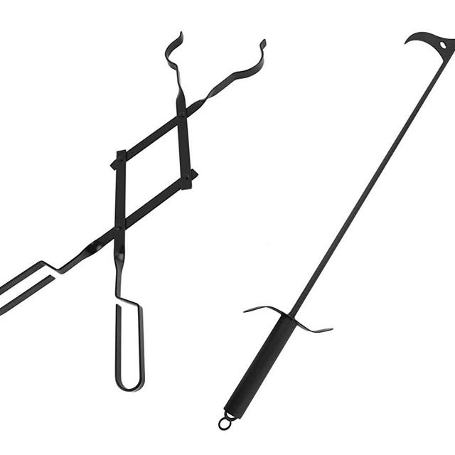 36-Inch Fireplace Fire Pit Campfire Poker Stick and 26-Inch Campfire Fireplace Tongs, Log Grabber, Camping, Wood Stove, Outdoor and Indoor Use, Black Solid Steel