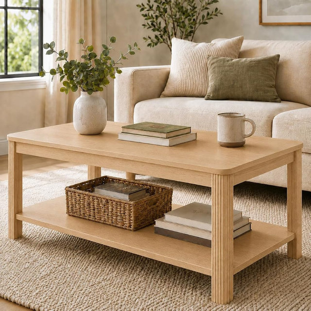 Vordwell Fluted Coffee Table, Light Oak Coffee Tables for Living Room, 2-Tier Boho Rectangle Living Room Table with Open Storage Shelf, Natural Oak