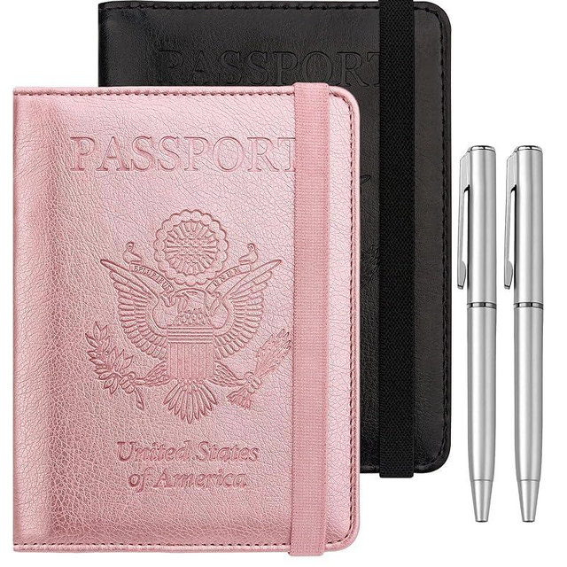 WALNEW Passport Holder for Travel, RFID Passport Cover Wallet for Women Men, PU Leather Passport Book Card Holder Case with Pen, Travelling Essentials for Flying