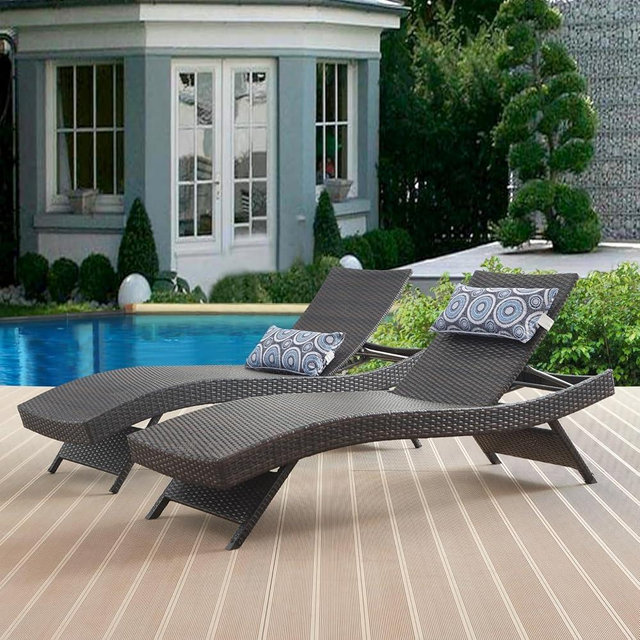 79'' Long Reclining Chair Set of 2 with Cushions, Chaise Lounge Wicker Reclining Lounge Chair, PE Rattan Chaise Lawn Sunbathing Chairs Beach Poolside Garden Backyard Backrest Recliners, Brown