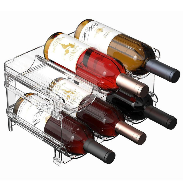 Plastic Stackable Wine Rack for Refrigerator, 2 Tier Large Capacity Water Bottle Organizer for Cabinet, Free-Standing Water Bottle Storage Rack for Fridge, Countertop, Pantry, Freezer, Hold 6 Bottles
