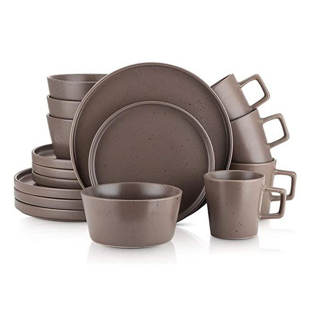 Stone Lain 16 Piece Stoneware Dinnerware Set, Service for 4, Brown Matte