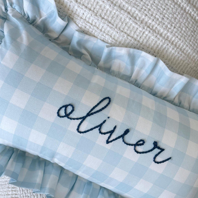 Blue Gingham pillowcase with personalized name- hand embroidered
