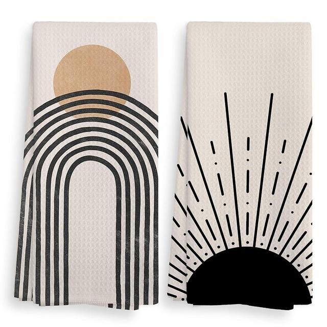 Boho Black Sun Sunrise Sunshine Rainbow Kitchen Towels and Dishcloths Sets of 2,Bohemian Absorbent Drying Cloth Hand Towels Tea Towels for Bathroom Kitchen,Boho Gifts for Women Girls,16×24 inches