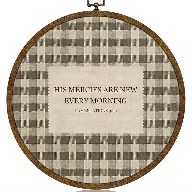 Vintage Christian Round Wall Art Decor,Christian Bible Verse -His Mercies are New Every Morning Retro Checkered Pattern Circular Wall Art Framed Decor for Bedroom Living Room Office Nursery 10x10Inch