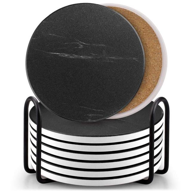 Set of 8 Coasters for Drinks ,EAGMAK Marble Style Ceramic Drink Coaster with Holder for Coffee Wooden Table Home Decor(Black)