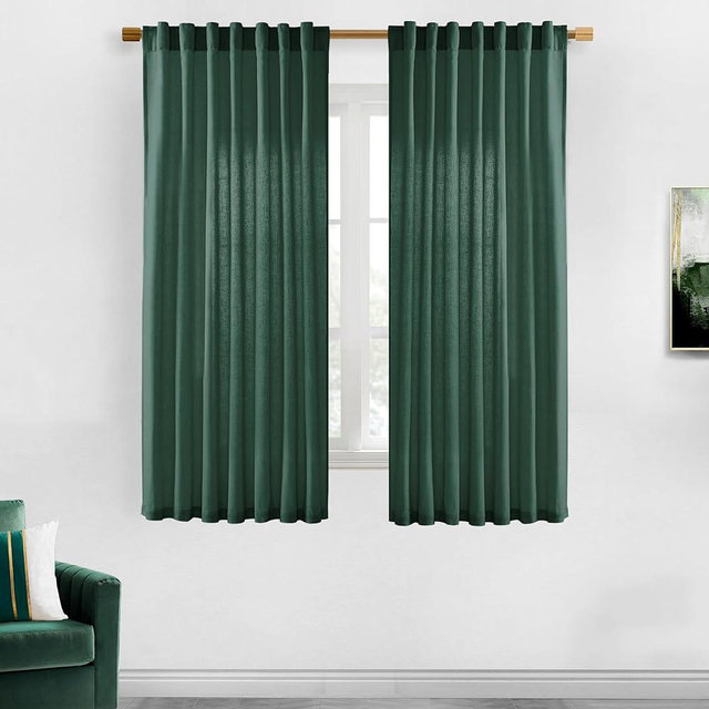 XTMYI Dark Green Curtains for Bathroom Set Decor,Linen Sheer Leaf Green Boho Curtains for Kitchen 63 Inch Length 2 Panels,Deep Pine