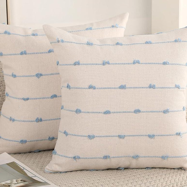 NUYECY Set of 2 Boho Throw Pillow Covers 18x18,Light Blue and White Neutral Couch Pillow Case with Tassel Fringe Decorative,Modern Accent Farmhouse Cushion Covers for Sofa Couch Bed Living Room